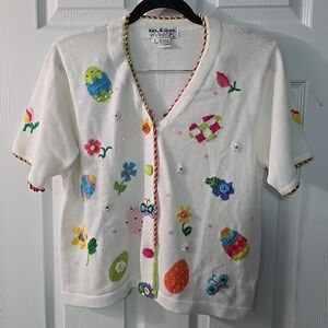 Jack B Quick‎ Easter Egg White Short Sleeve Cardigan Embroidered Size Medium